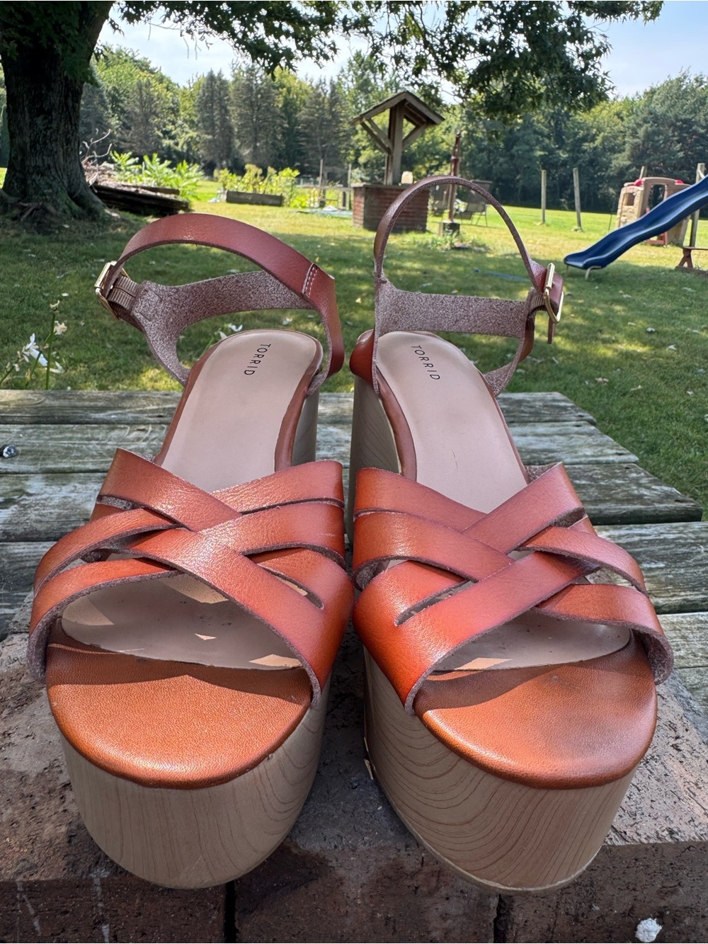Torrid Womens 11W Cognac Brown Platform Wedge Sandals Ankle Strap Wide Width